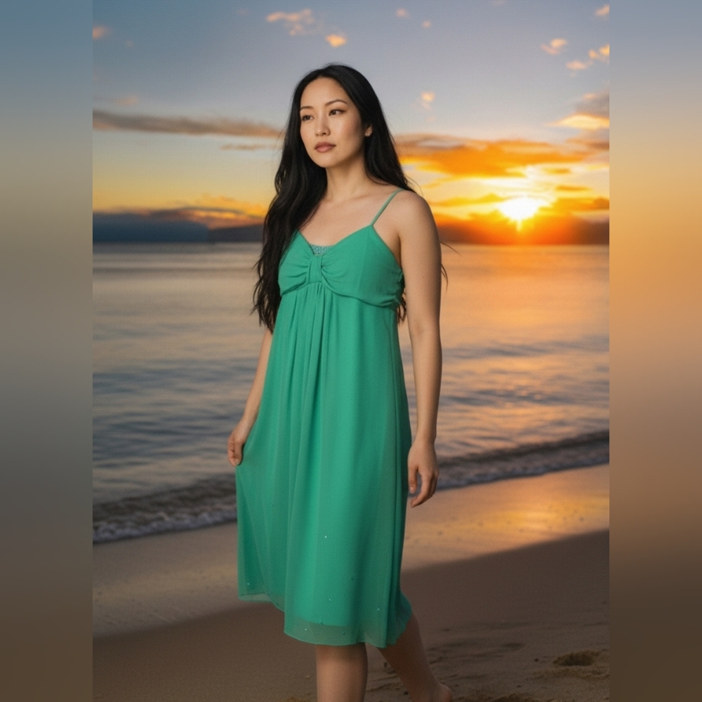 NWT Jonathan Martin 100% Silk Green Midi Dress Size 12 Petite